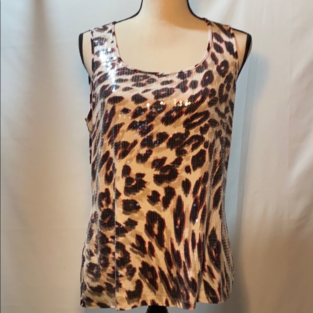 CHICOS CHEETA PRINT SLEEVELESS TOP WITH SEQUINS